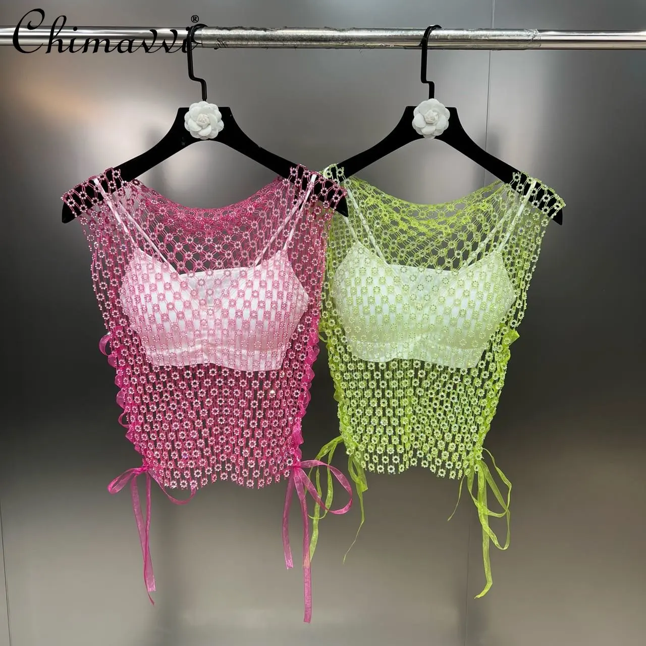 

2022 Autumn New Fashion Sexy Round Neck Sleeveless Side Strap Woven Diamond Set Women's Elegant Trendy Solid Vest Two-Piece Set