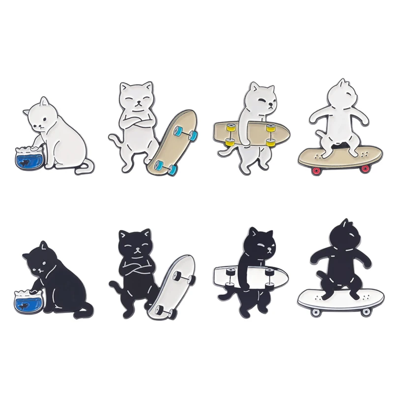 Эмалированные заколки в виде кота для скейтборда черные и белые брошь скейтборд
