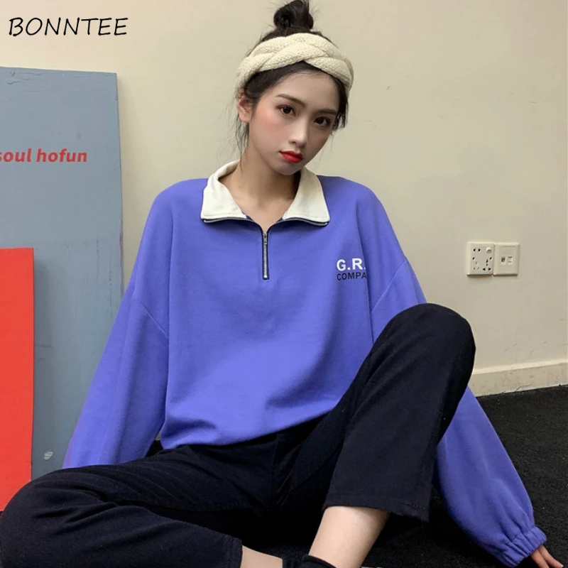 

Женские толстовки без капюшона, шикарные весенние тонкие корейские пуловеры в стиле Харадзюку на молнии с высоким воротником и надписью, же...