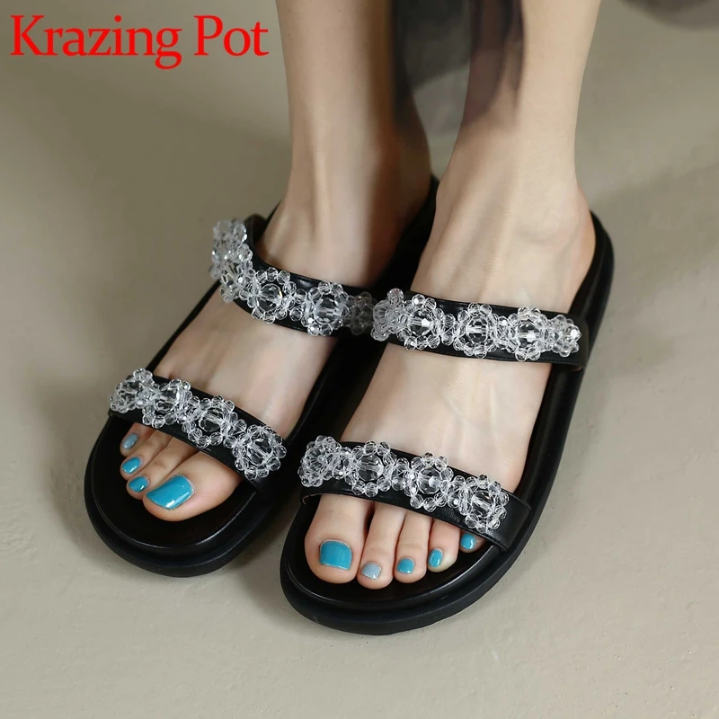 

Krazing Pot Sheep Split Leather Peep Toe Flat with Crystal String Bead Summer Slides Fashion Sweet Handmade Women Slippers L50