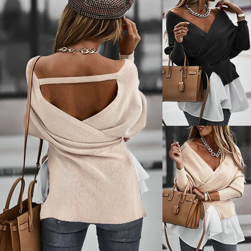 

Sexy vintage Women Spring and Autumn Tops Streetwear Patchwork Design V-neck Long Sleeve Open Back Solid Slim Pullover T-shirt