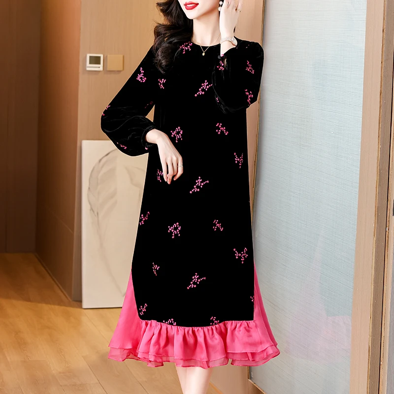 Женское бархатное платье миди AIMEILI новое модное с цветочной вышивкой и круглым