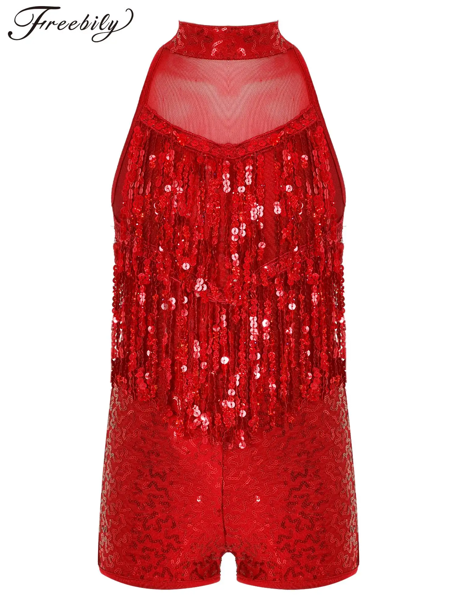 

Kids Girls Sequins Ballet Dance Leotard Sleeveless Tassel Lyrical Dance Bodysuit for Latin Modern Jazz Dancing Stage Costumes