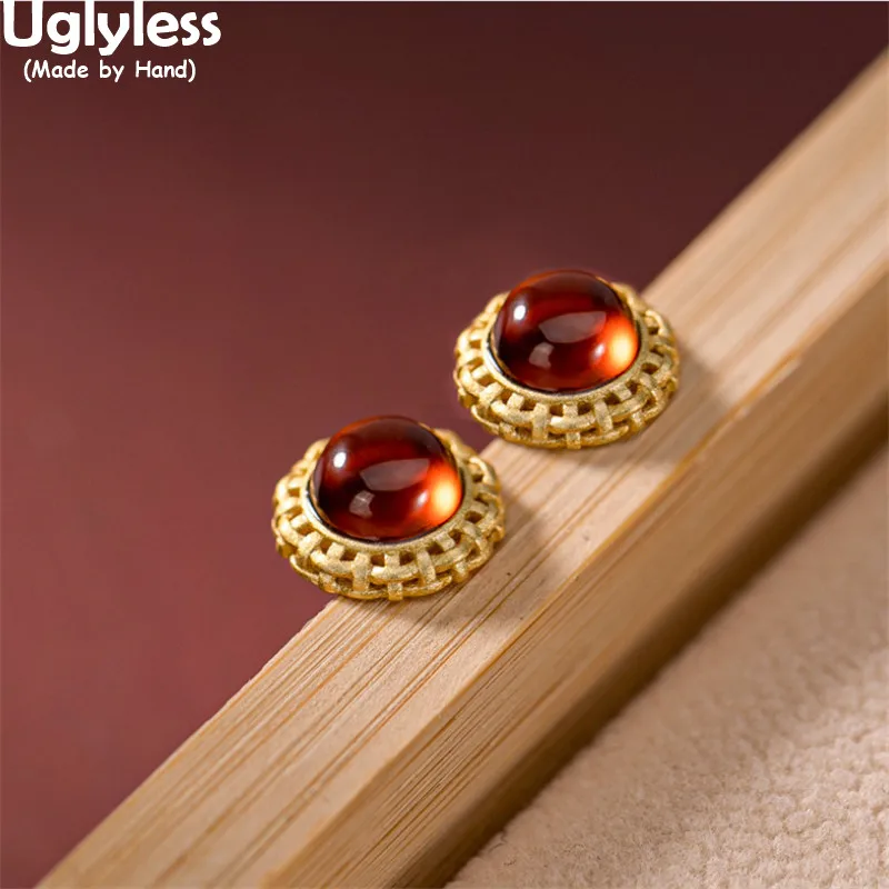 

Uglyless Gold 100% Real 925 Silver Statement Earrings for Women Beautiful Garnet Studs Earrings Tempting Red Brincos Bijoux Gems