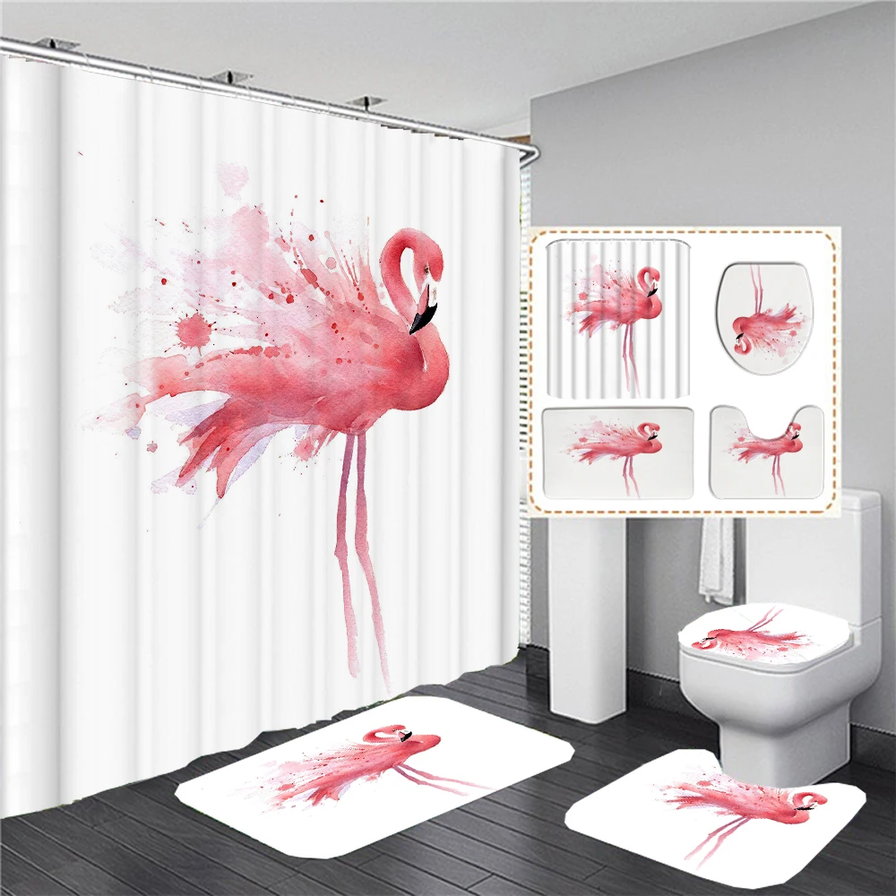 

Pink Flamingo Print Shower Curtain with Hook Set Simple INS Bathroom Curtains Anti-slip Bath Mat Carpets Rugs Home Decoration