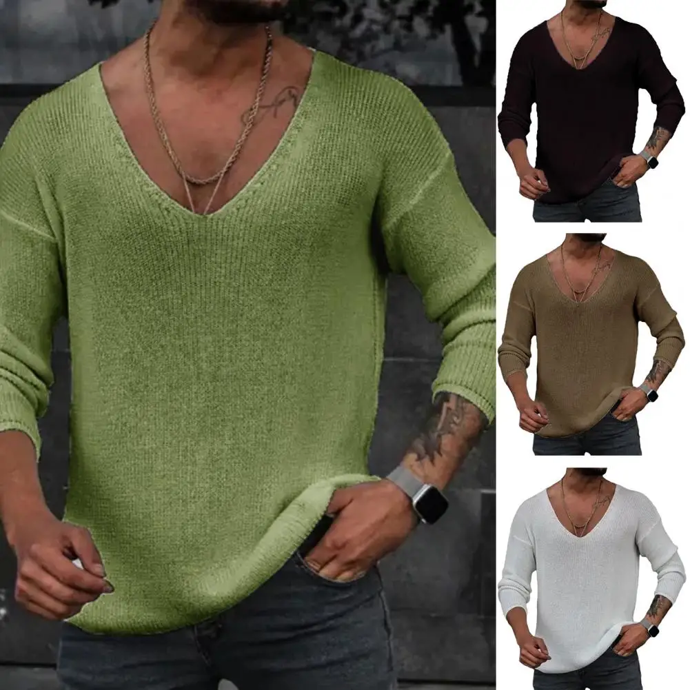 

Mens Clothes Casual Knitted Sweater for Men Half Sleeve V-Neck Solid Jumpers Tops Fashion Slim Fit Sweaters Mens Streetwear