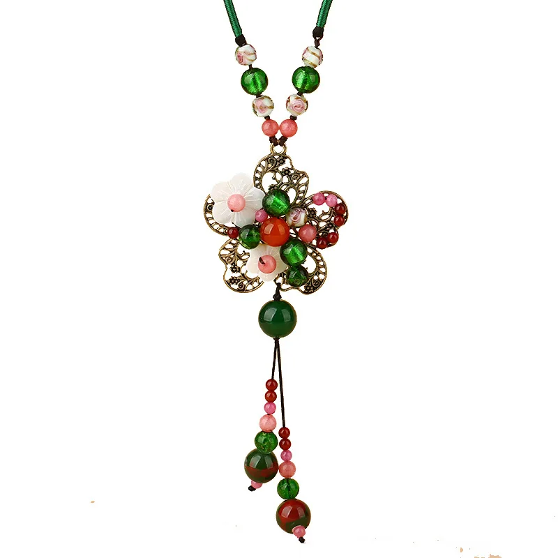 

Factory direct sales original design autumn and winter new retro custom sweater chain ethnic agate alloy flower long necklace