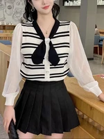 bow striped sweater ladies 2022 spring autumn chiffon patchwork long sleeve top knit pullovers clothes casual sweaters for women