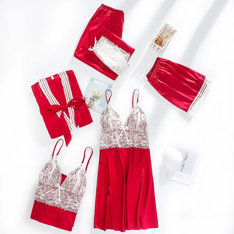 Women Satin Pajama Sets Summer Lace Sling Top&Shorts&Robe Women's Suit Long Sleeve Pijama Sleepwear With Chest Pad Home Clothes