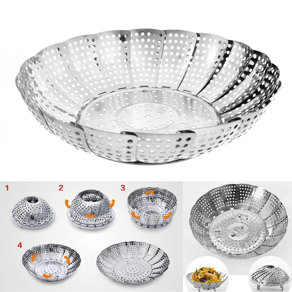 

Drainage Basket Kitchen Accessories Steaming Drawer Dumplings Steamer Cooker Stainless Steel Folding Steamer Bar