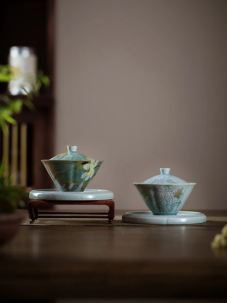 Borneol глазурованная ручная роспись зеленая чаша с тремя крышками чайная чашка