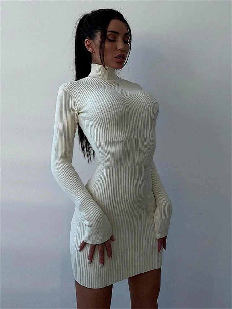 

WJFZQM тонкое эластичное платье с высоким воротником с длинным рукавом сексуальные женские обтягивающие мини-платья женские осенние зимние вязаные платья-свитера