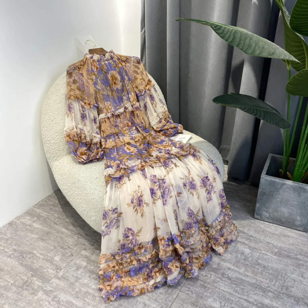 

2022 Spring New Cascading Purple Blue Champagne Floral Print Top Quality Frilled Ruffles Patchwork 100% Silk Midi Women Dress