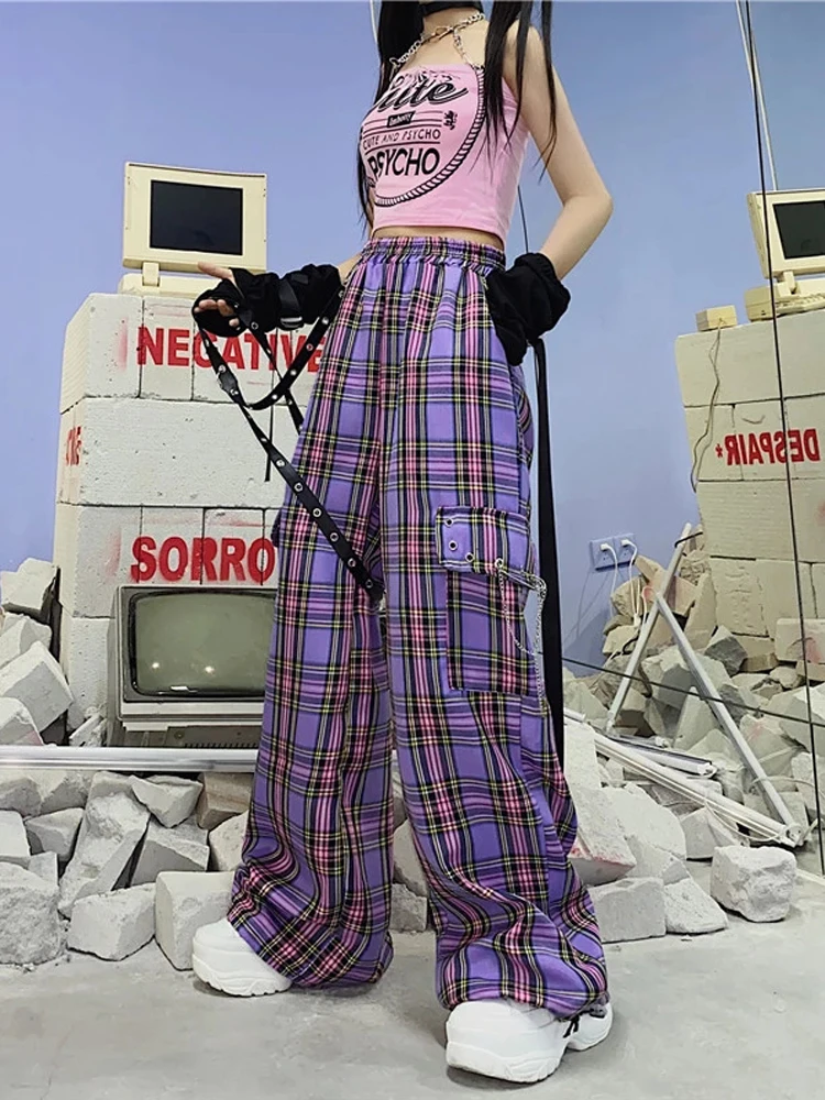 

Mall Goth Y2K Cargo Pants Women Hippie Purple Plaid Harajuku Streetwear Chain Checked Trousers Famale High Waist Aesthetic