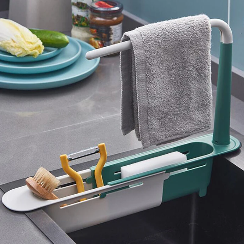 

Kitchen Telescopic Sink Rack Organizer Drainer Rack Storage Basket Bag Faucet Holder AdjustableBathroom Holder Sink Kitchen Tool