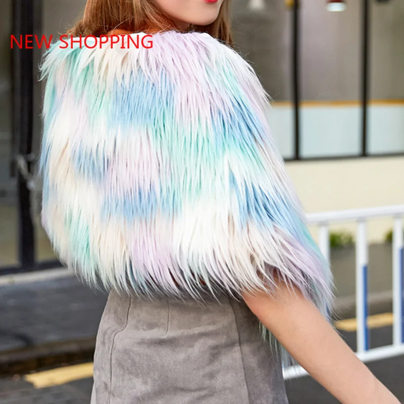 2021 Women's Winter Jacket Faux Fur High Quality Fashion Waistcoat Multicolor Hairy Natural Furry Women V-Neck Female Fur Tops