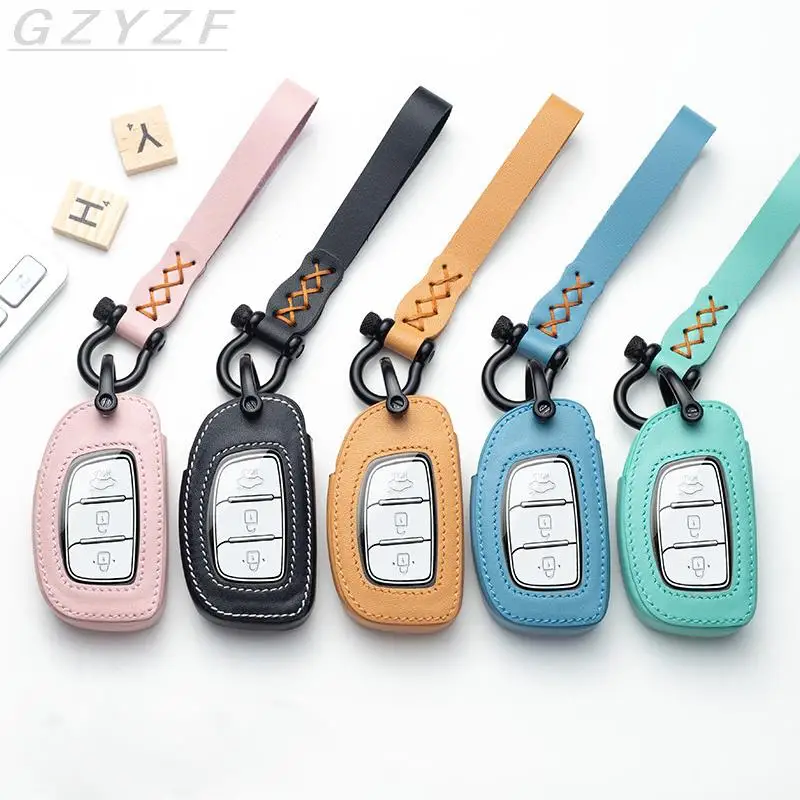 

Leather Car Key Case Cover for Hyundai iX20 I30 IX35 I40 Ix25 Tucson Verna Sonata Car Keyring Protection Shell Ring