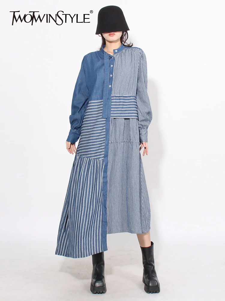 

TWOTWINSTYLE Colorblock Striped Dress For Women Stand Collar Long Sleeve High Waist Patchwork Button Casual Dresses Female New