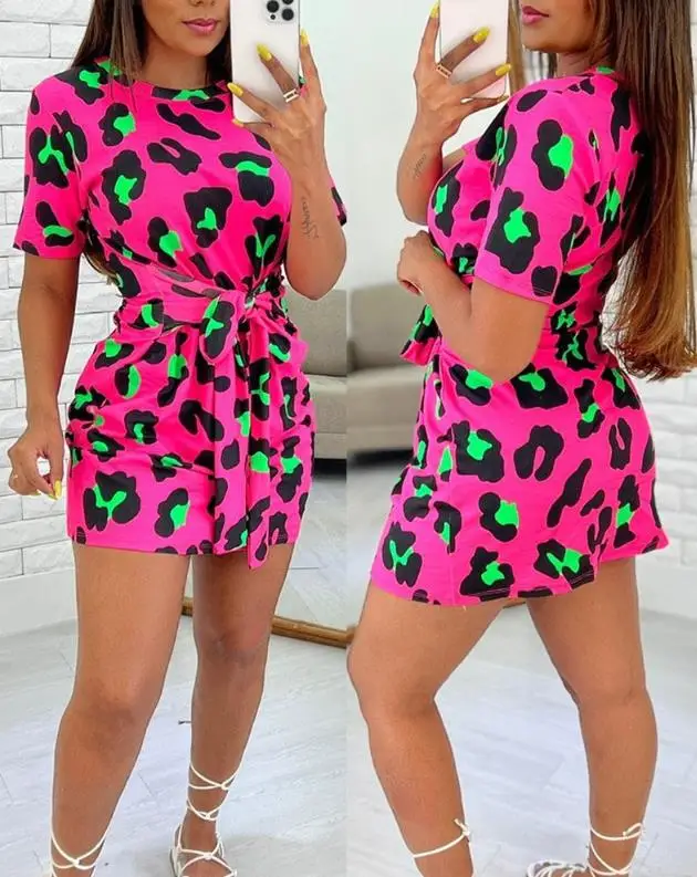 

Повседневные платья с узелком и леопардовым принтом, Новинка лета 2023, модная короткая мини-юбка средней длины с коротким рукавом и ложным воротником с переплетением