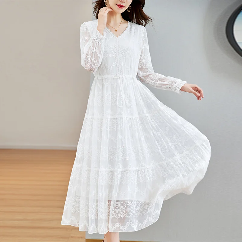 

Продажа шелковых платьев, новое шелковое платье с длинным рукавом, новое шелковое платье 2023, яркая белая шелковая юбка