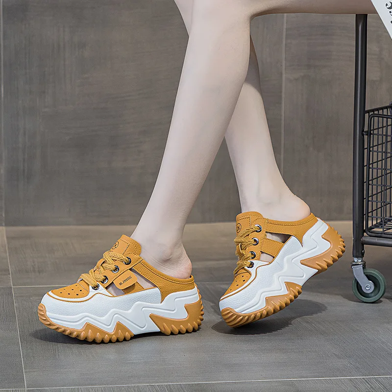 7cm Genuine Leather Slides Hollow Ladies Summer Slippers Female Breathable Ankle Boots Women Platform Sandals Wedge Woman Shoes