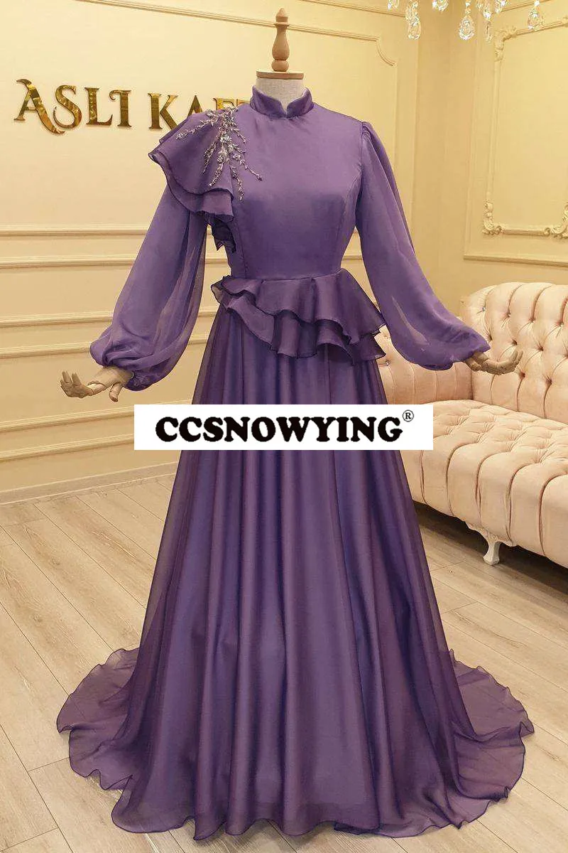 

Purple Chiffon Long Sleeve Muslim Evening Dress Moroccan Caftan High Neck Arabic Dubai Prom Formal Party Gown Robe De Soiree