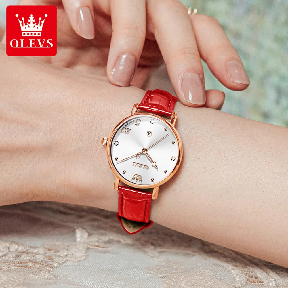 OLEVS женские часы кварцевые для женщин красные кожаные наручные