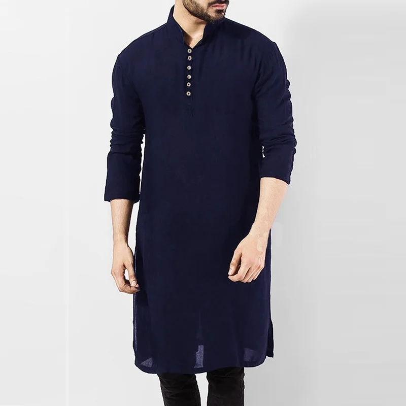 Muslim Men Casual Shirt Cotton Long Sleeve Stand Collar Shirts Vintage Long Tops Indian Clothes Pakistani Ropa S-5XL