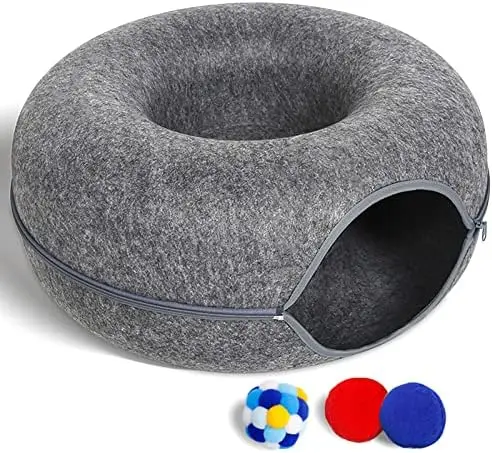 

Cat Tunnel Bed for Indoor Cats with 3 Toys, Scratch Resistant Donut Cat Bed, for Cats up to 24 Lbs (L(24x24x11), Dark Grey) Hier