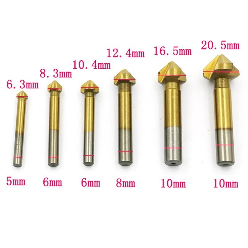 

6pcs 3 Flute 90 Degree Three-blade Alloy Chamfer Drill Straight Shank Countersink Milling Cutter Titanium Plating Drill Bit Set