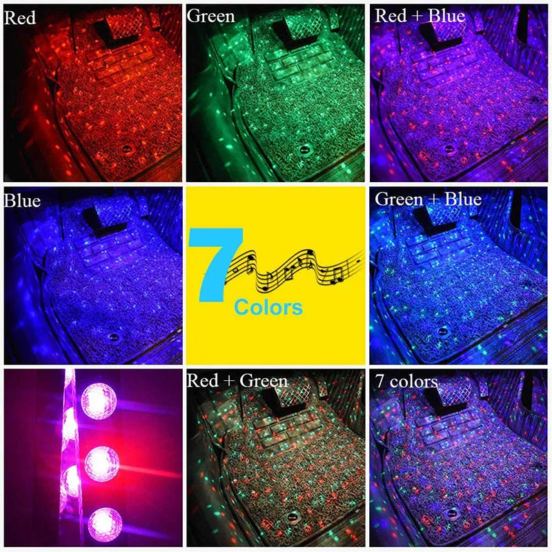 Car Interior Atmosphere Foot Light USB RGB LED Starlight Ambient Decorative Carpet Lamp Kit Remote Control Sound Decoration |