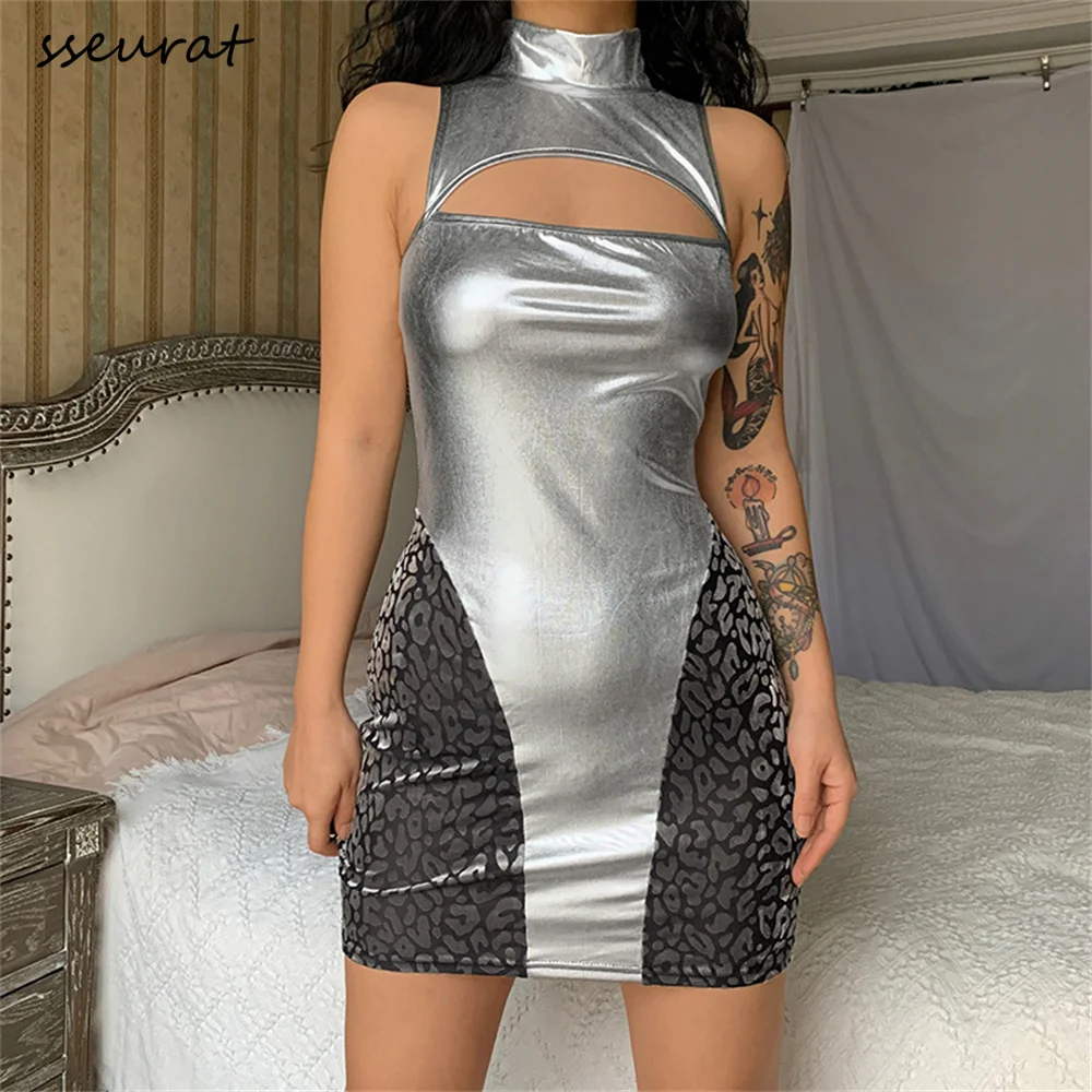 

SSEURAT Stitching Leopard Print Mini Dress Fashion Sexy Half High Collar Sleeveless Chest Hollow Tight Dress