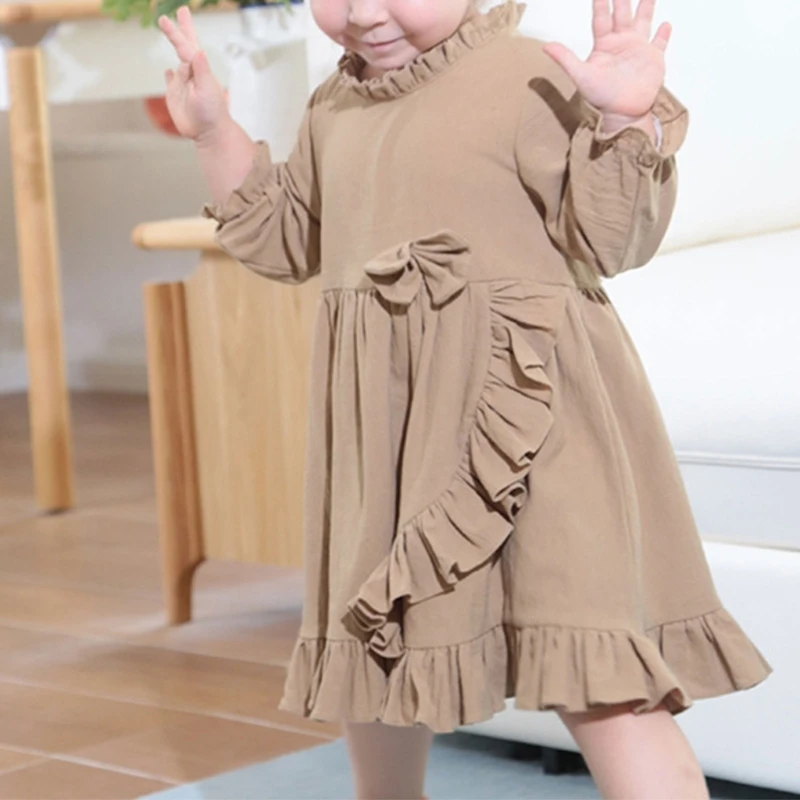 

Платье из хлопка и льна для девочек, удобное весеннее платье для отдыха с длинными рукавами для маленьких девочек
