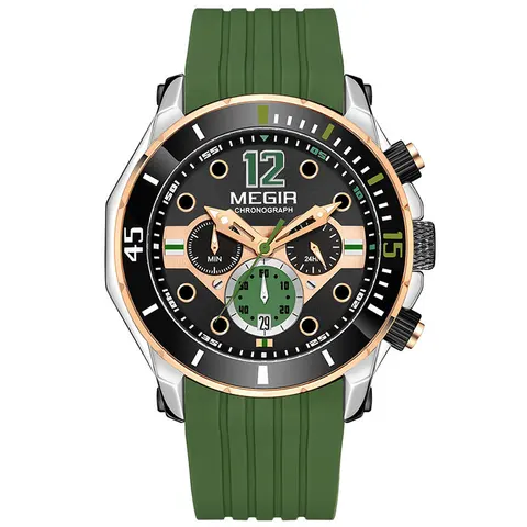 MEGIR хронограф часы для мужчин Модные Военные Спортивные Силиконовый ремешок наручные часы с авто датой водонепроницаемые кварцевые часы