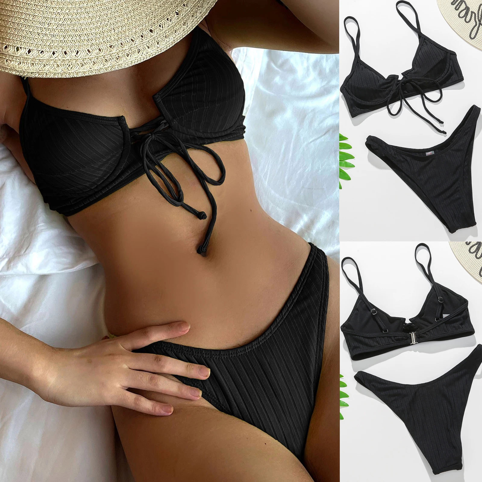 

Women's Bikini Solid Color Low-Waisted Bikini Sets Swimsuit Women Sexy Bow-knot Two Pieces Swimwear 2022 Beach Bathing Suits