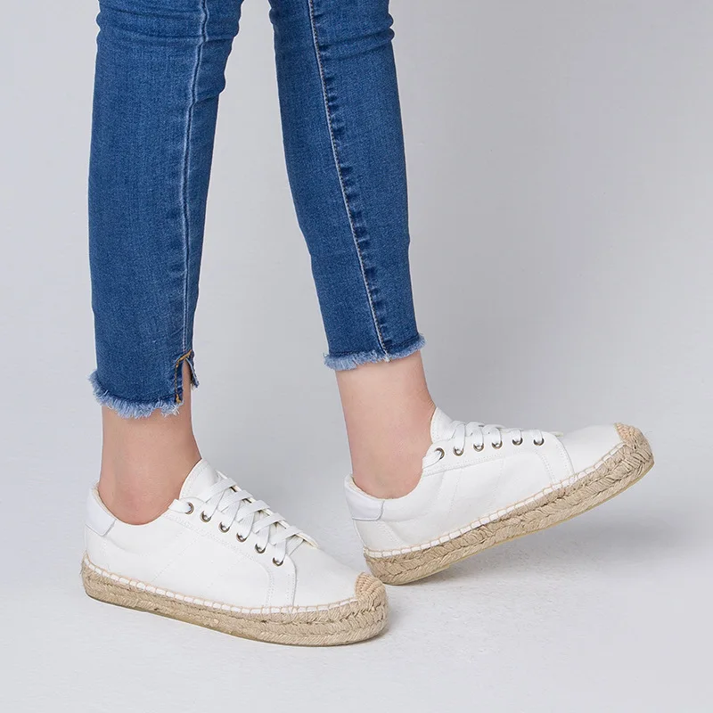 

Spring and autumn new espadrille comfortable white thick-soled canvas shoes lacing casual round toe large size flat women's shoe