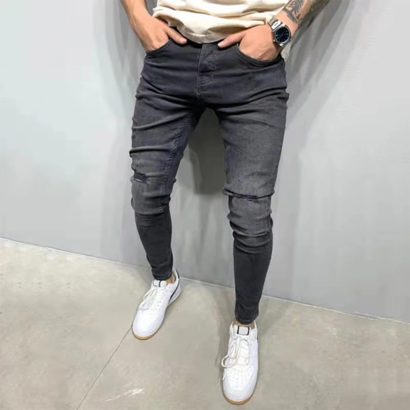 New Men's Jeans Men's Cut Stretch Skinny Jeans Black Denim Casual Party Pencil Pants Four Seasons Fashion Slim Fit Ripped Pants