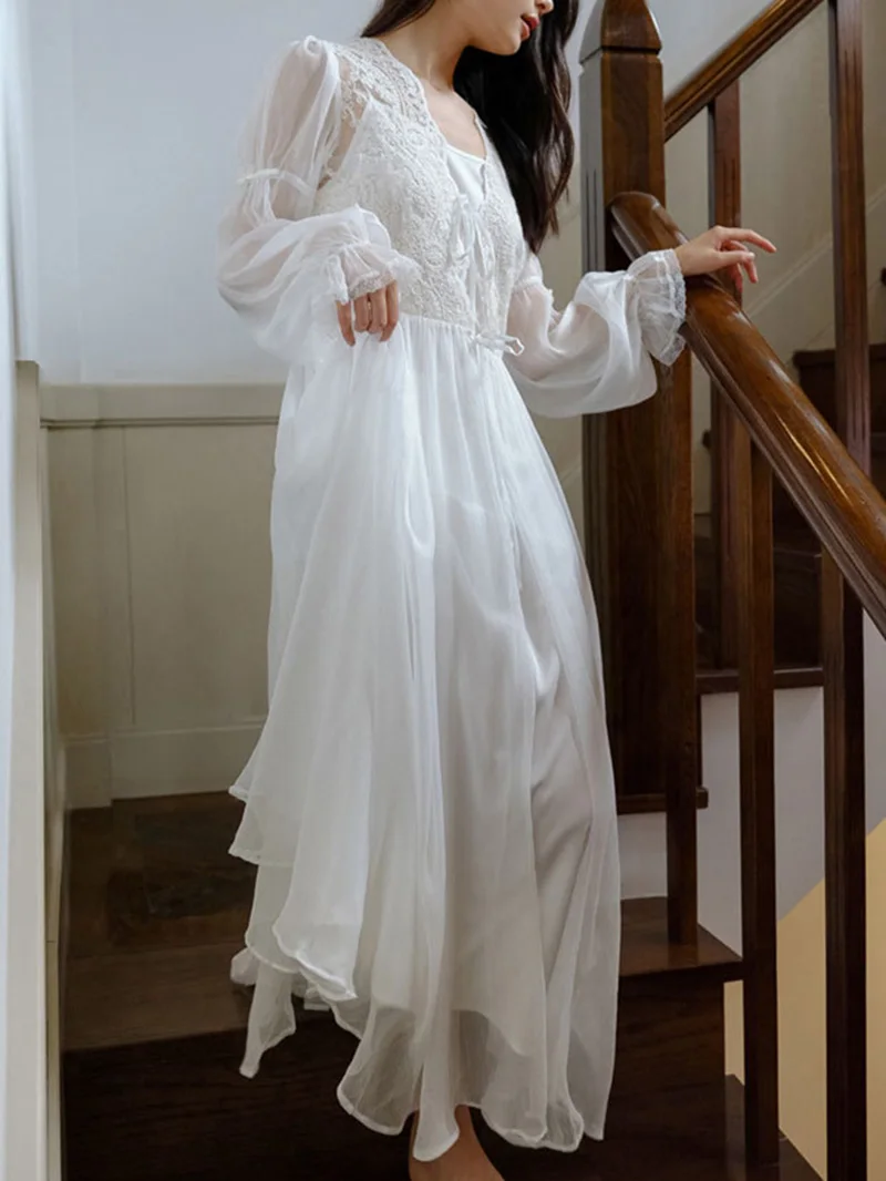 Princess Fairy Night Dress Robe French Morning Gown Lace Mesh Ruffles Vintage Sexy Two-piece Nightgown Female Spring Summer