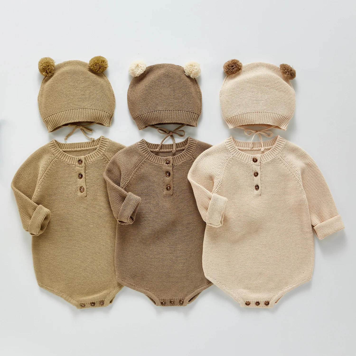 

Baby Spring Autumn Clothes Set Knitted Romper Triangle Crotch Button Jumpsuit+Hats Toddler Baby Boys Girls Clothing