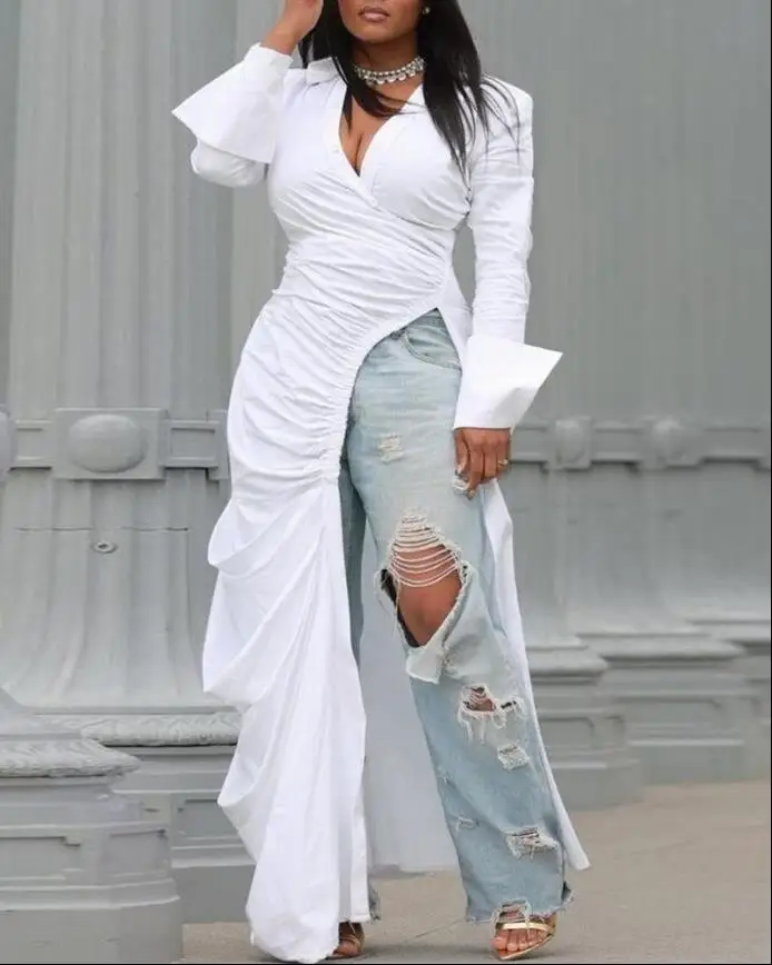 

Fashion Woman Blouses 2022 Ruched High Slit Longline Top Polo Ralph Lauren Luxury Women's Blouses Promotion
