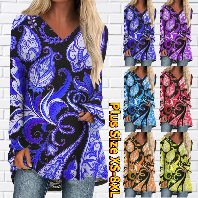 

2022 Autumn Winter Vintage Elegant Tops Ladies V-Neck Long Sleeve Retro Tee Shirt Fashion Casual New Design Printing T-shirt