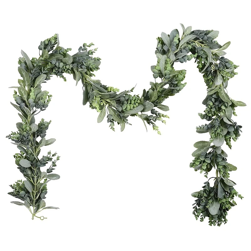 

Faux Lambs Ear And Eucalyptus Garland - 6.6Ft Flocked Soft Artificial Vine Greenery And Leaves For Farmhouse Mantel