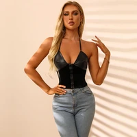 summer fashion sexy women crop tops lady casual pu leather streetwear chic straps bodycon black skinny camisole backless u neck