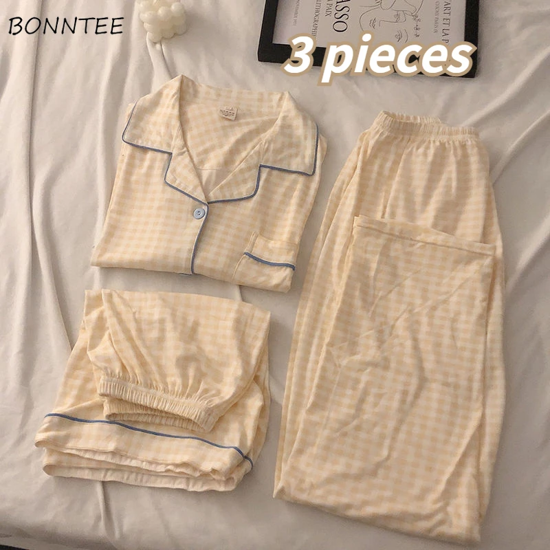 

Pajama Sets Women Japanese Style Plaid Summer Fashion 3 Pieces Female Schoolgirl Homewear Cozy Chic Lovely Minimalist Lounge New