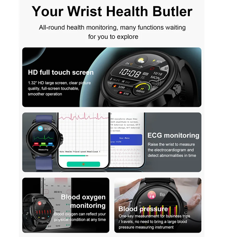 E89 Smart Watch For Men Women ECG PPG HRV Body Temperature Blood Pressure Heart Rate Monitor IP68 Waterproof AI Medical watches