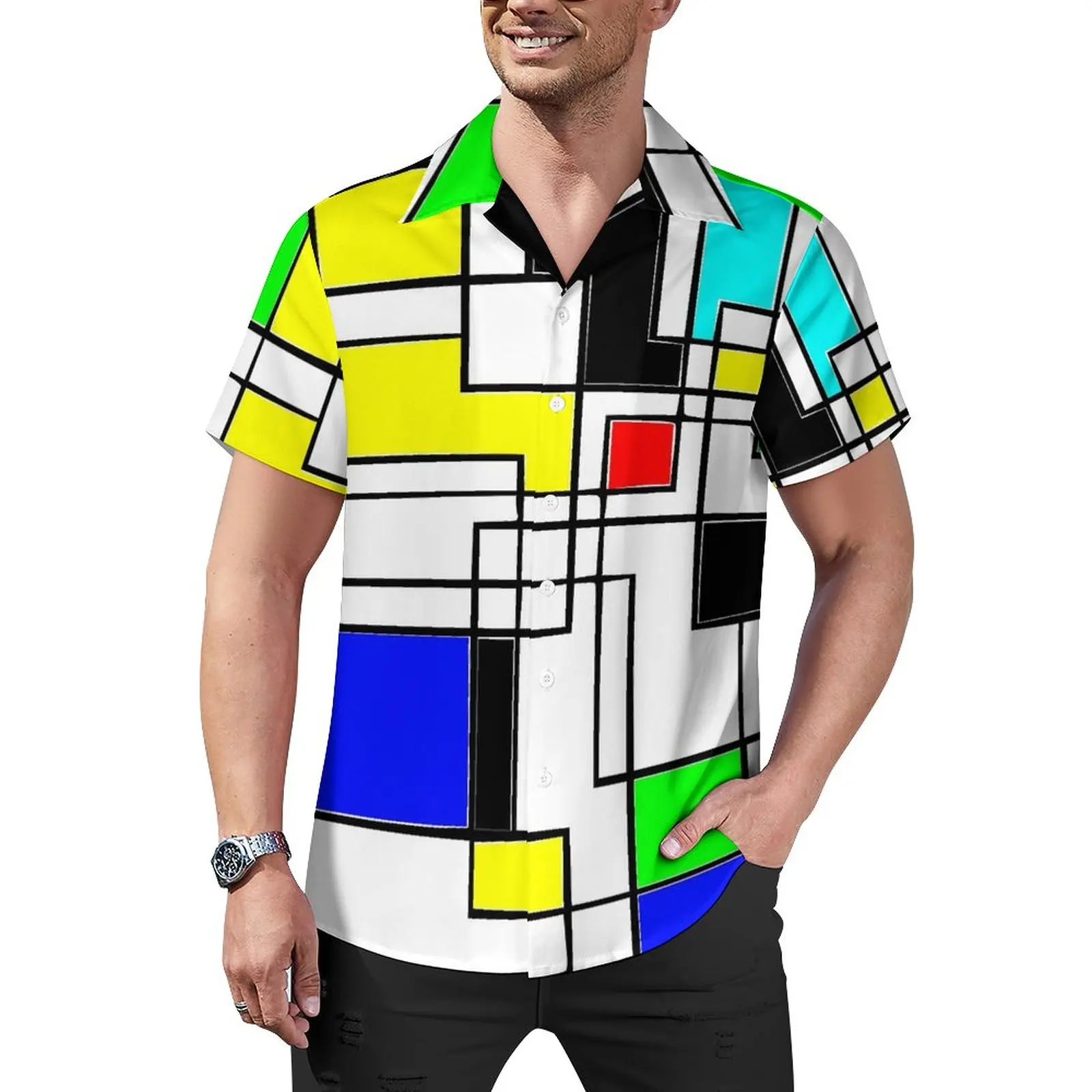

Свободная рубашка De Stijl с принтом, мужские повседневные рубашки для отпуска в случайном стиле, гавайская забавная блузка большого размера с коротким рукавом и принтом