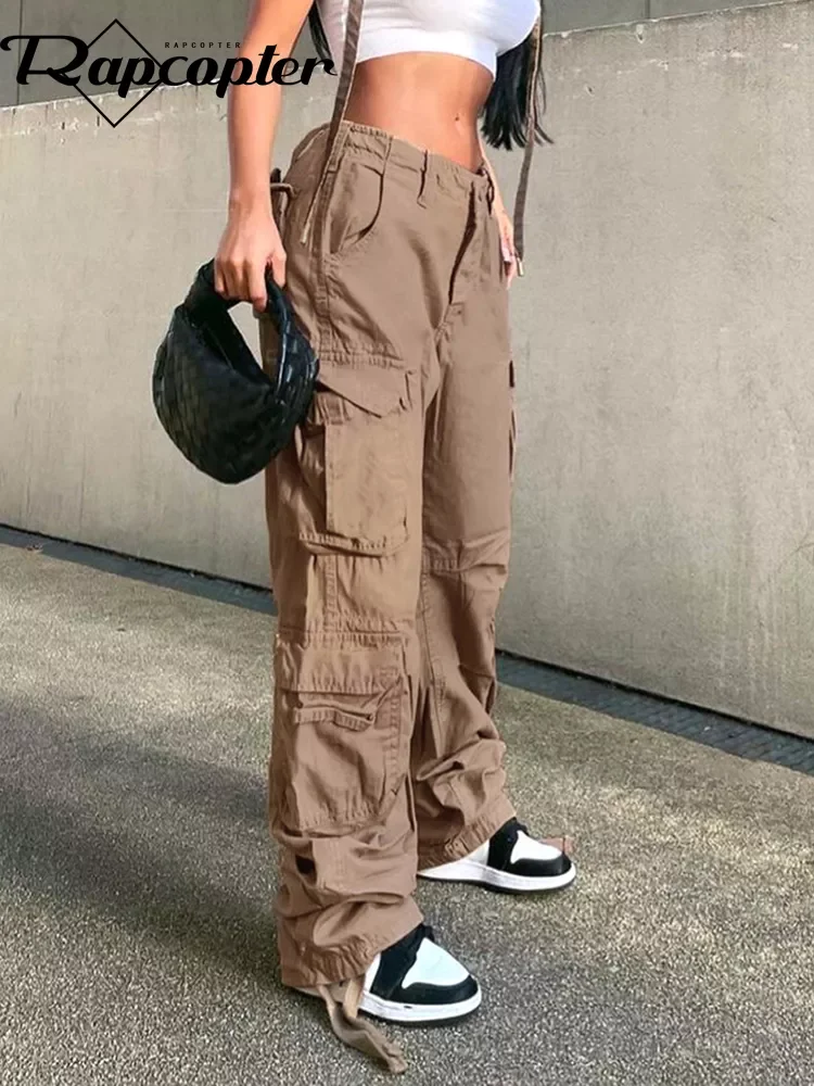 

Rapcopter Ruched Big Pockets Cargo Jeans Retro Sporty Low Waisted Trousers Light Brown Fashion Streetwear Denim Joggers Women