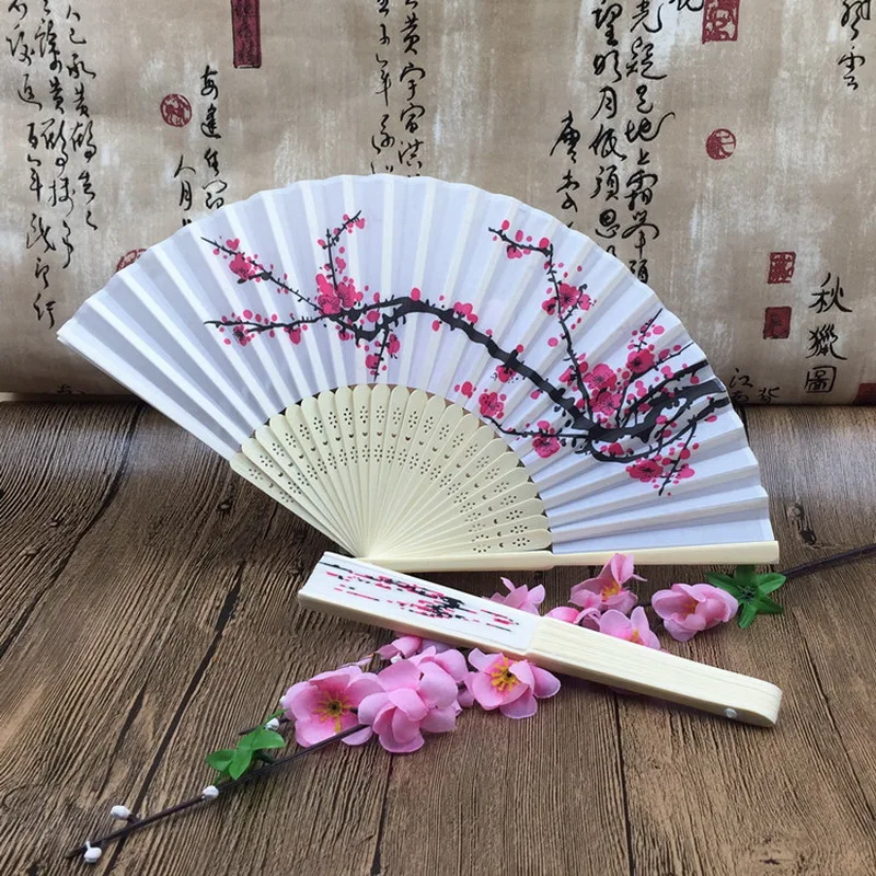 Custom Printing Cherry Blossom Fabric Silk Fan Personalized Wedding Favors Folding Hand Held Fan Outdoor Party Decoration