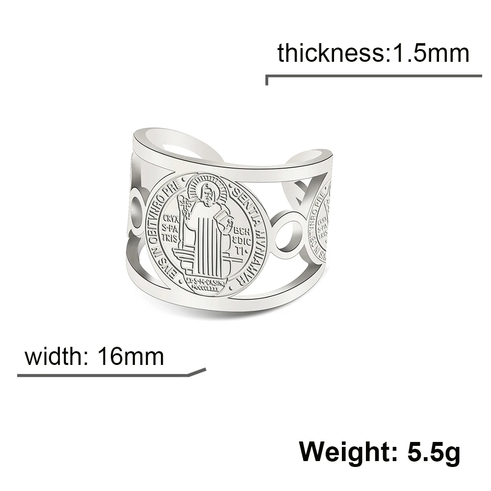 Stainless Steel Religious Adjustable Ring for Men Catholic Christian Faith Amulet Saint Benedict of Nursia Finger Rings Jewelry images - 6