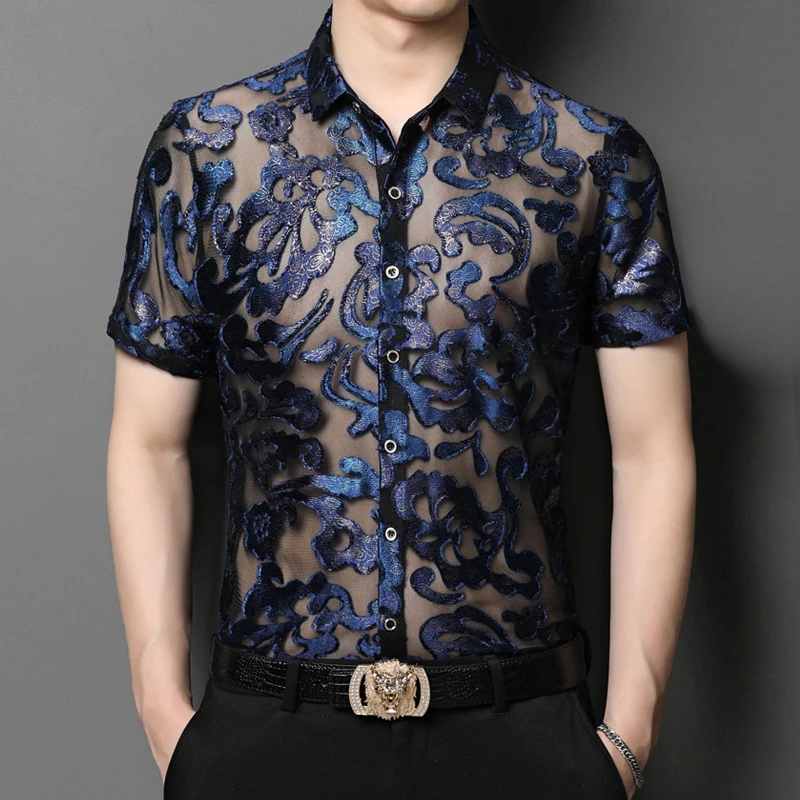 

Short-sleeved shirts in summer, young and middle-aged golden velvet hollow men's flower shirts, elastic slim tops